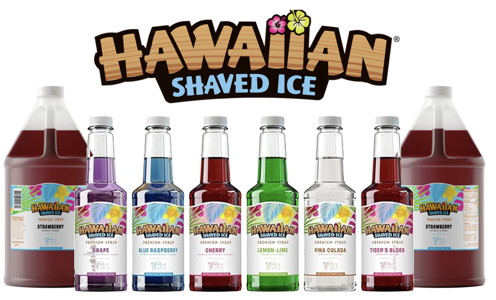 Hawaiian Shaved Ice syrup bottles and brand logo.