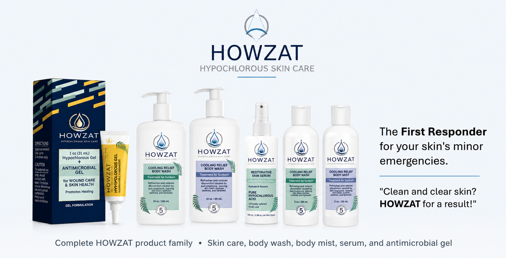 Howzat hypochlorous skin care product family.