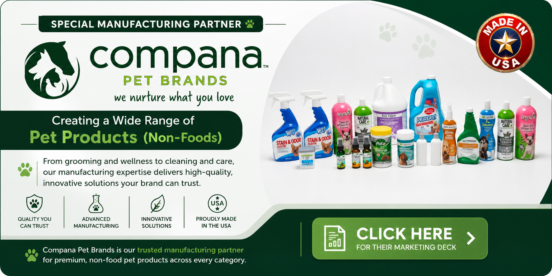 Compana Pet Brands manufacturing partner overview for premium non-food pet products.